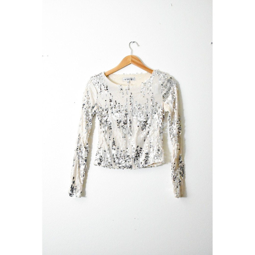 Madden Girl‎ Sequin Top Women Size S Silver Excellent Long Sleeve Glam Party